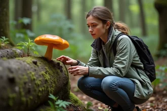 Jeune femme dans la forêt examine un champignon orange