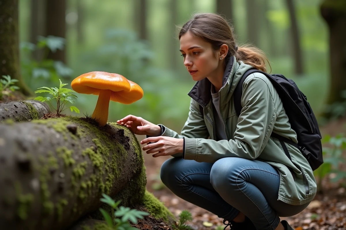 Jeune femme dans la forêt examine un champignon orange