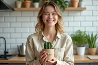 Femme souriante offrant un cactus en pot enveloppé dans du papier kraft dans une cuisine moderne au style scandinave