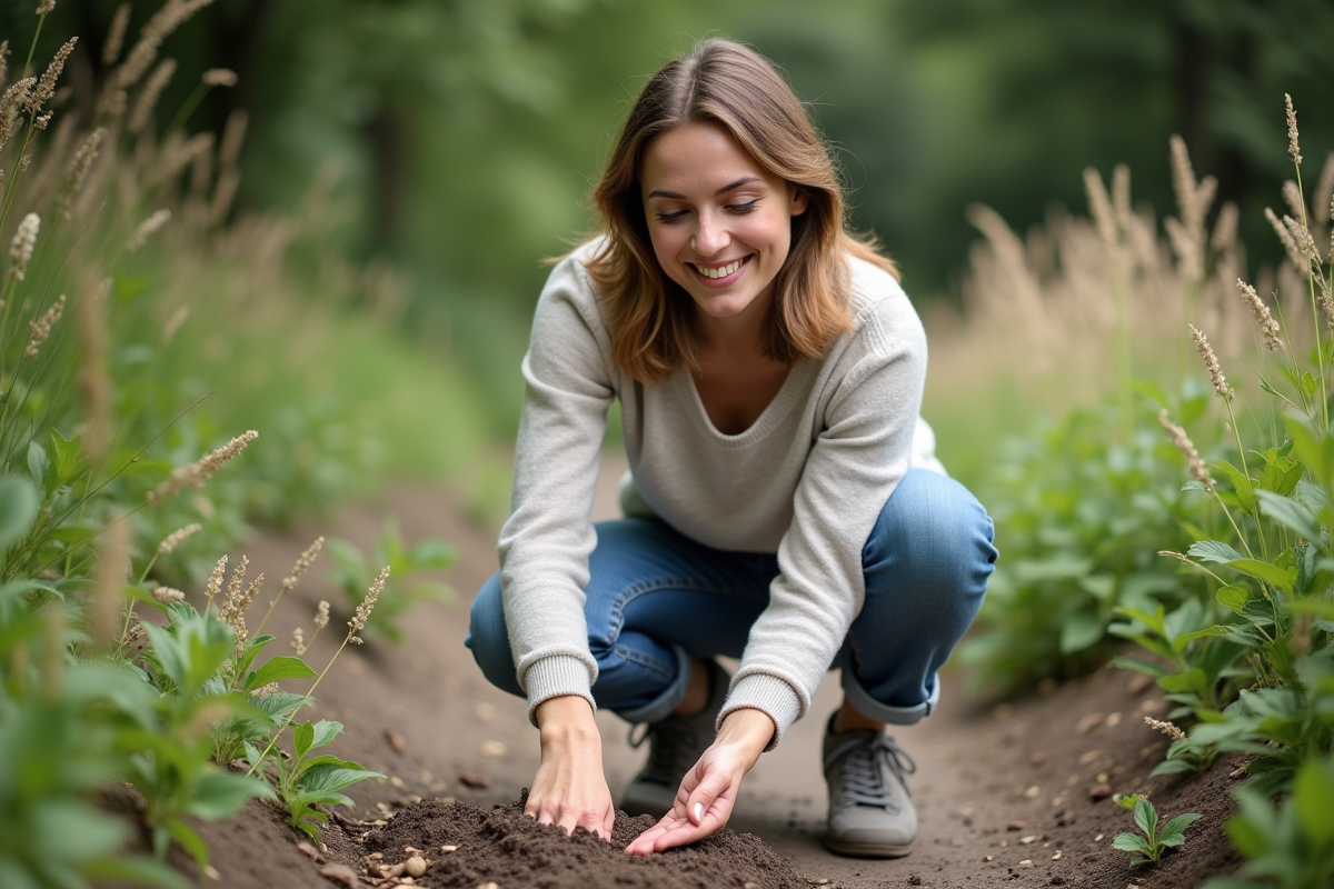 Femme en jeans et pull pressant des graines dans la terre