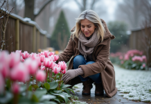 Cyclamens : comment résistent-ils au froid ? Astuces et conseils Femme en manteau d'hiver soignant des cyclamens en gel