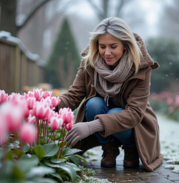 Cyclamens : comment résistent-ils au froid ? Astuces et conseils Femme en manteau d'hiver soignant des cyclamens en gel