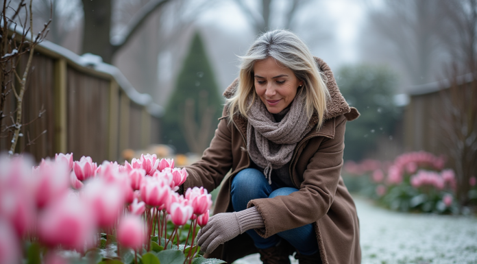Femme en manteau d'hiver soignant des cyclamens en gel