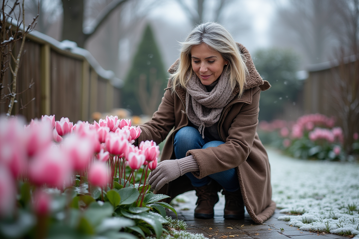 Femme en manteau d'hiver soignant des cyclamens en gel