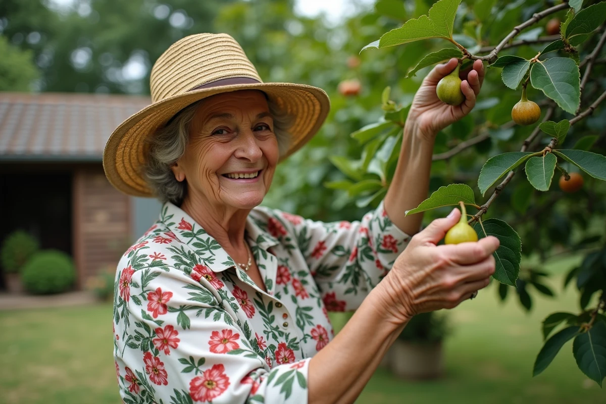 Femme souriante cueillant des figues mûres dans son jardin