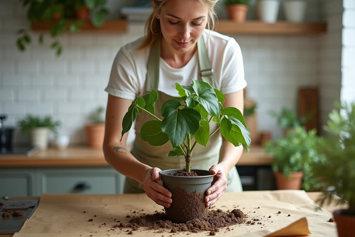 Femme rempotant un ficus benjamina sur une table en bois en retirant la motte de son pot de jardinerie