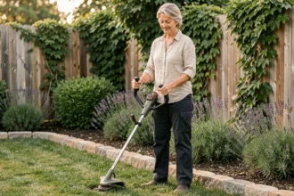 Femme d'âge mûr utilisant un rotofil léger à manche courbe dans un jardin fleuri, posture droite sans effort