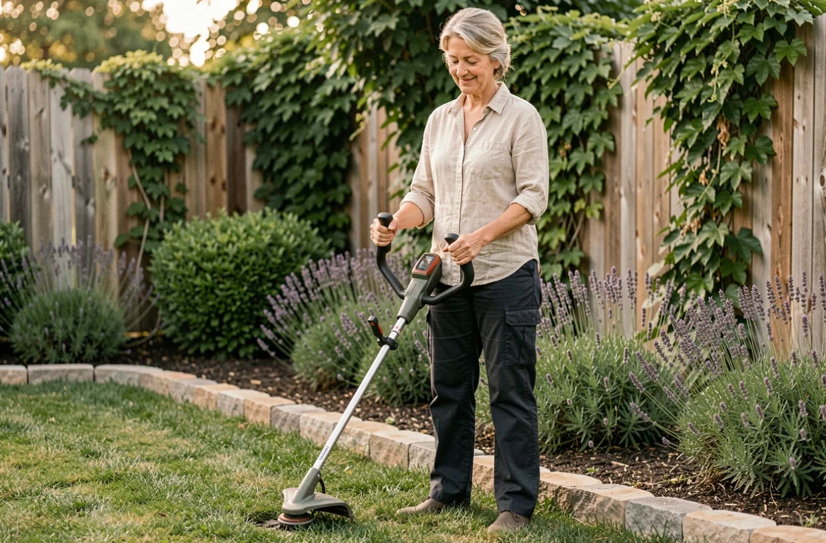 Femme d'âge mûr utilisant un rotofil léger à manche courbe dans un jardin fleuri, posture droite sans effort