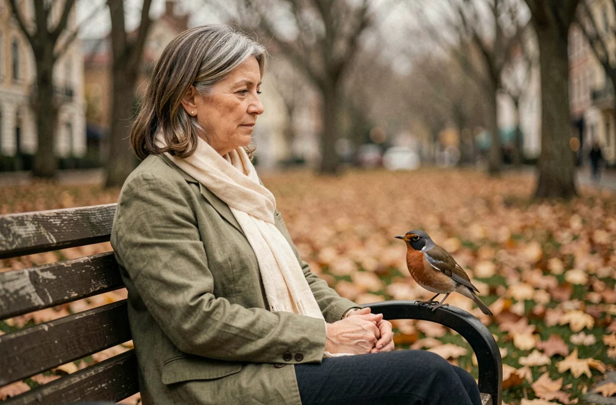 Femme émue face à un rouge-gorge posé à côté d'elle sur un banc de parc, interprétant le signe comme un message de son ange gardien