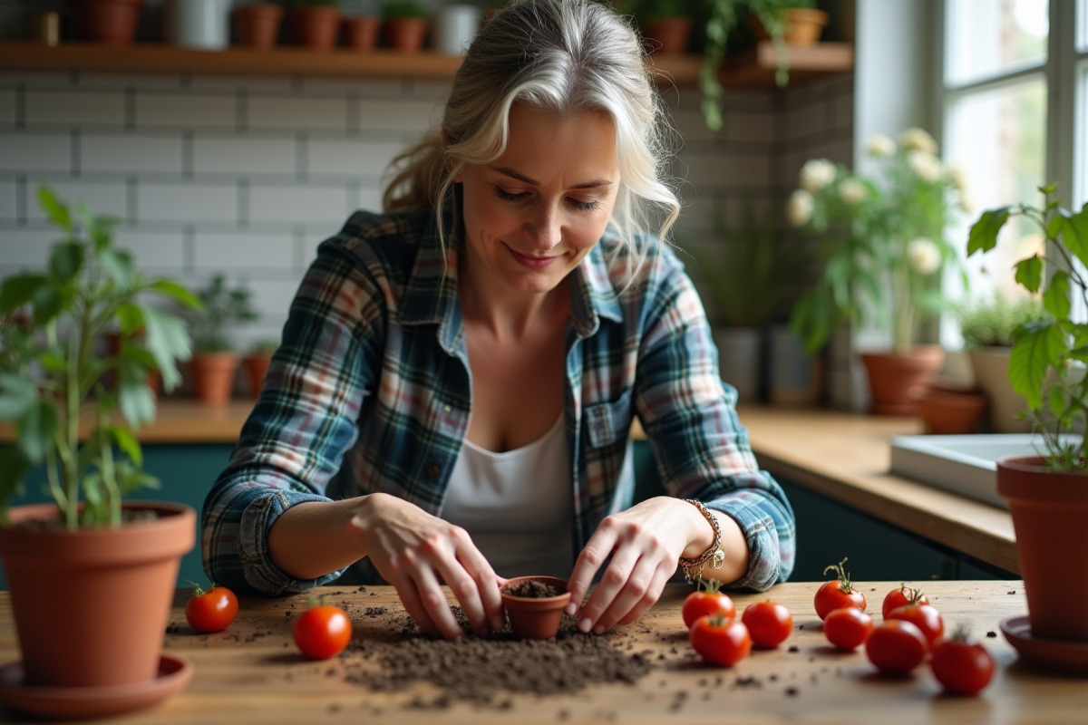 Femme plantant des graines de tomates en intérieur