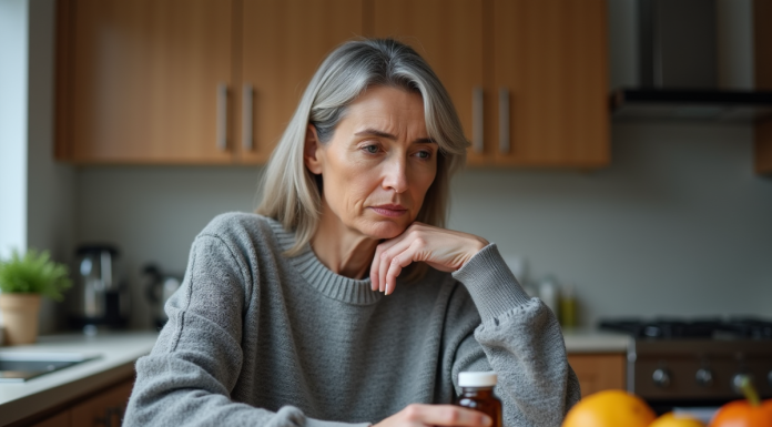 Femme réfléchissant à des compléments de glycine à la maison