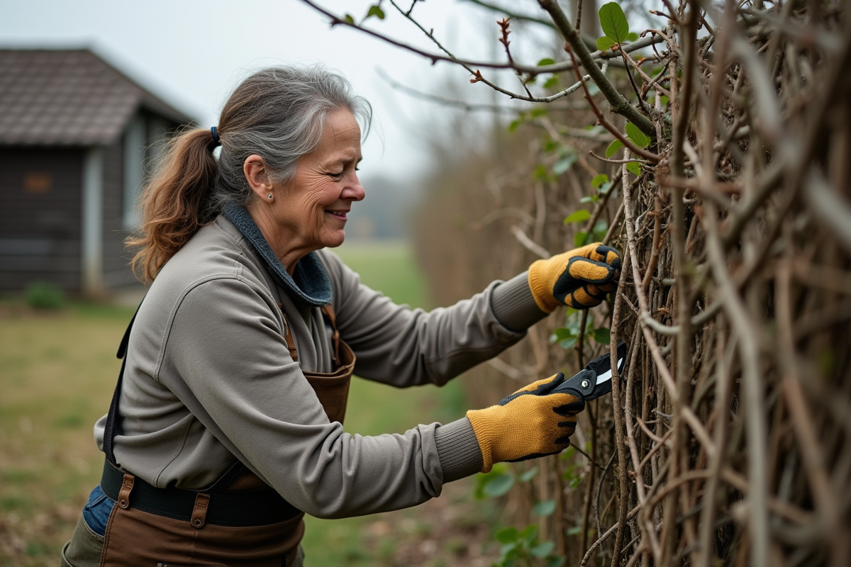 Femme âgée en action avec sécateur dans le jardin
