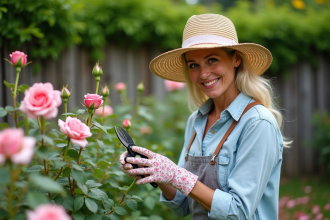 Femme en chapeau de paille taillant des roses dans un jardin