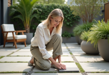 Femme en lin arrangeant des pierres décoratives sur une terrasse moderne