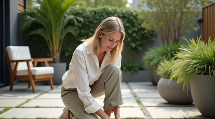 Femme en lin arrangeant des pierres décoratives sur une terrasse moderne