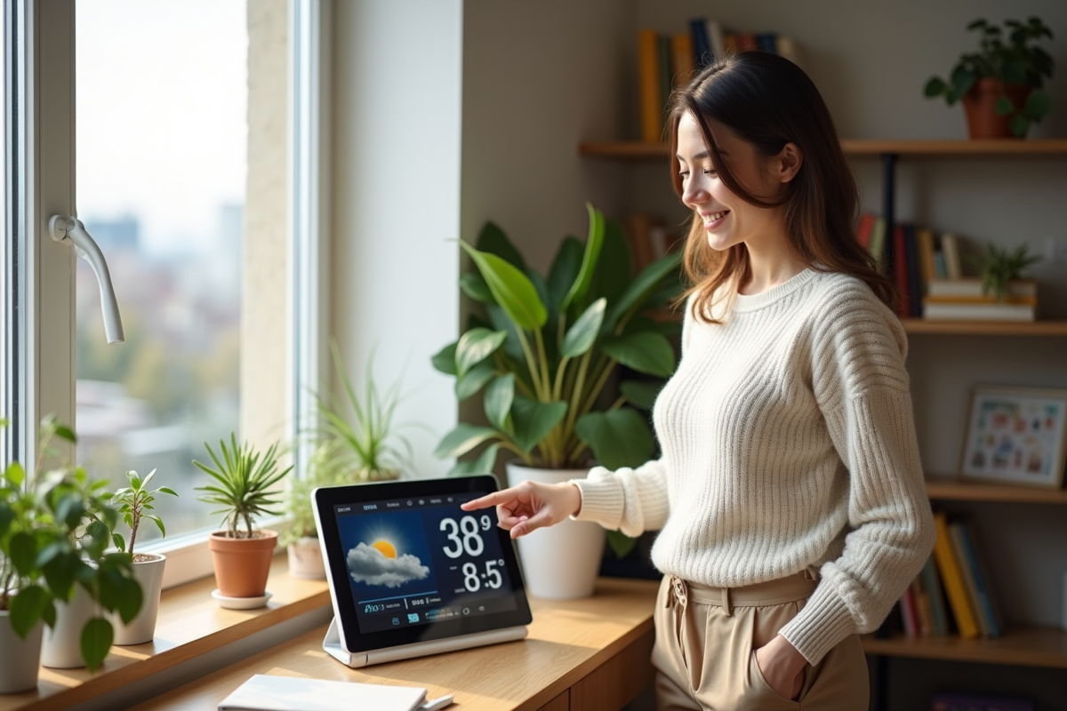 Femme souriante vérifiant la station météo intérieure