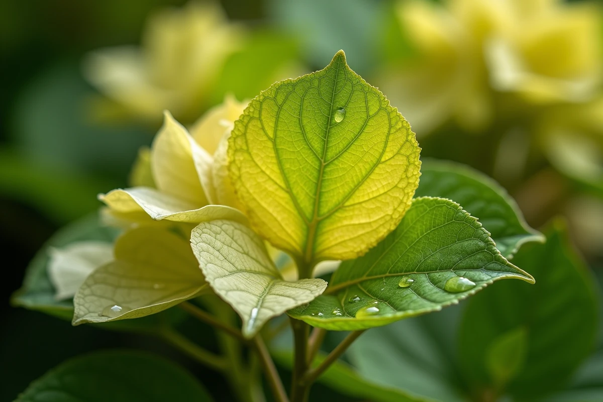 Gros plan sur une feuille d'hortensia présentant des symptômes de chlorose avec jaunissement internervaire au printemps