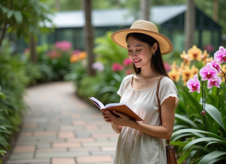Visite du Jardin botanique : une oasis de verdure en ville Jeune femme examine des orchidées dans un jardin botanique