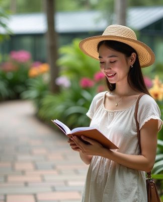 Jeune femme examine des orchidées dans un jardin botanique