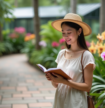 Visite du Jardin botanique : une oasis de verdure en ville Jeune femme examine des orchidées dans un jardin botanique