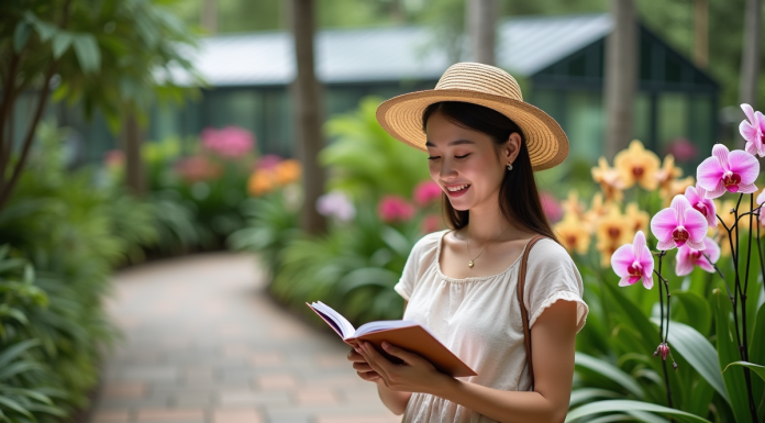 Jeune femme examine des orchidées dans un jardin botanique