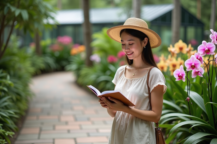 Jeune femme examine des orchidées dans un jardin botanique