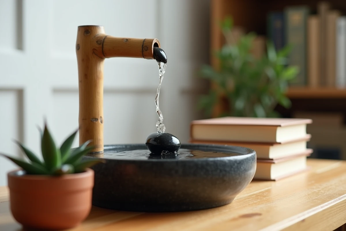 Gros plan d'une fontaine en bambou sur un bureau de bureau à domicile avec galets noirs et plante succulente pour le feng shui