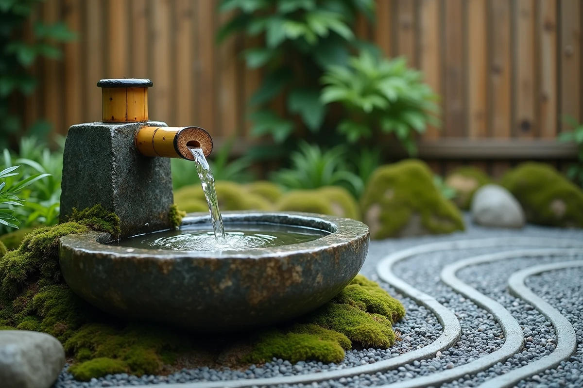 Fontaine en bambou traditionnelle dans un jardin zen extérieur avec bassin en pierre, gravier ratissé et mousse verte