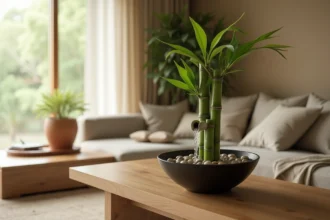 Fontaine en bambou posée sur un meuble en bois dans un salon feng shui minimaliste avec plantes vertes et galets