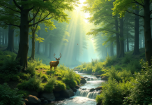 Forêt verte avec rivière et faune diversifiée