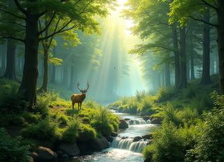 Facteurs écologiques : découvrir les 7 éléments essentiels pour l’environnement Forêt verte avec rivière et faune diversifiée