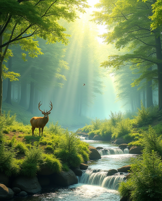Forêt verte avec rivière et faune diversifiée