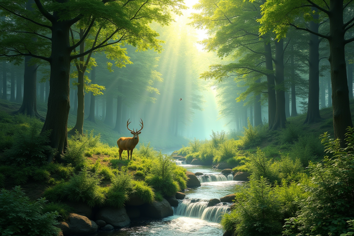 foret-ecologique-verte Forêt verte avec rivière et faune diversifiée