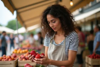 Femme comparant des fraises bio et conventionnelles sur un marché de plein air en juin