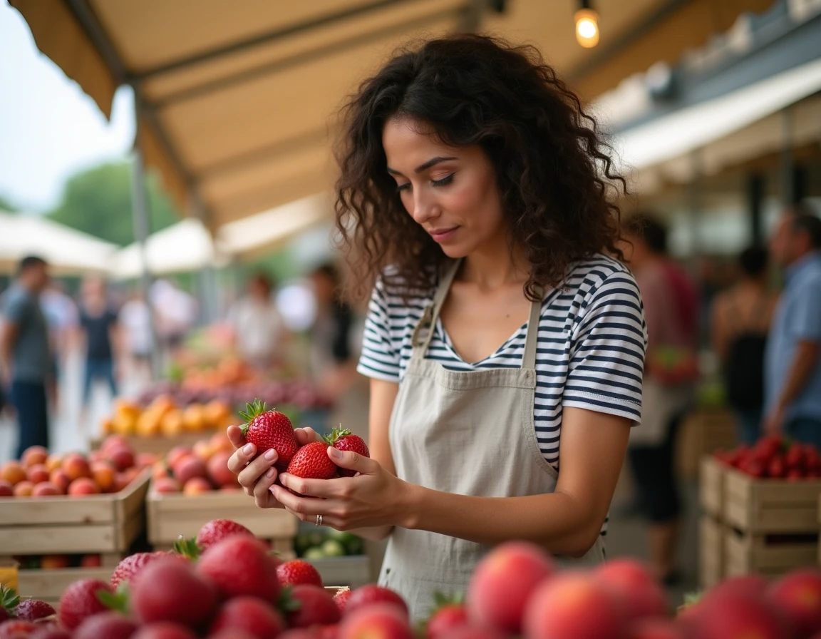 Femme comparant des fraises bio et conventionnelles sur un marché de plein air en juin