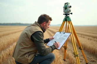 Géomètre expert mesurant un terrain agricole avec un instrument de nivellement pour estimer la superficie en ares et hectares