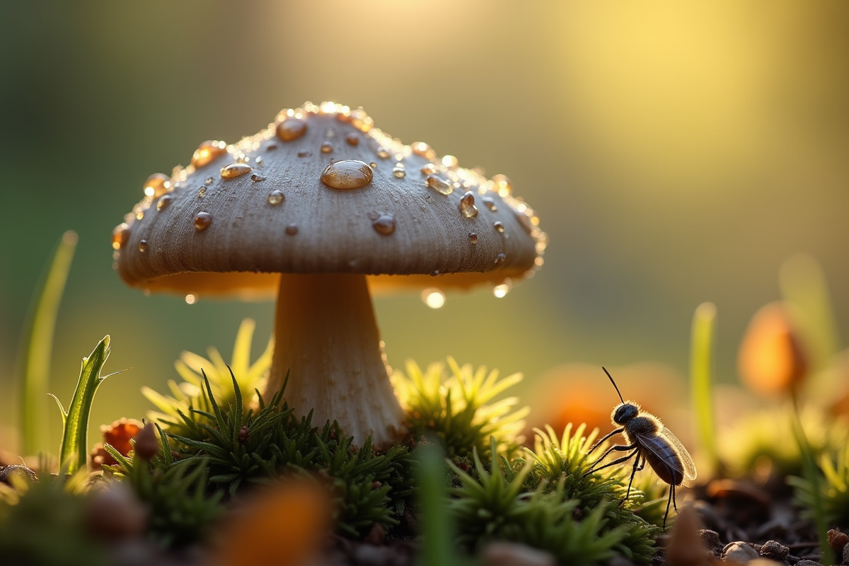 Girole grise en gros plan avec insectes au matin