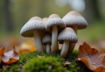 Champignons girolle grise parmi mousse et feuilles mortes