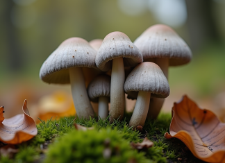 Champignons girolle grise parmi mousse et feuilles mortes