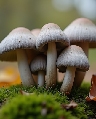 Champignons girolle grise parmi mousse et feuilles mortes
