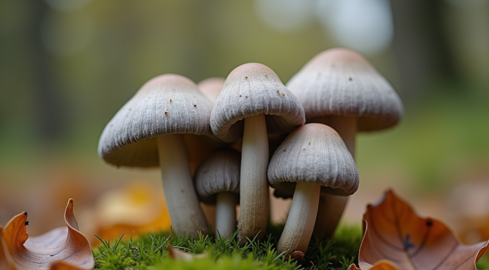 Champignons girolle grise parmi mousse et feuilles mortes