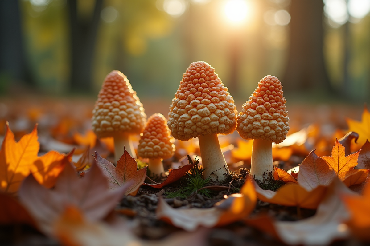 Girolles matures parmi des feuilles tombées en jardin ensoleille