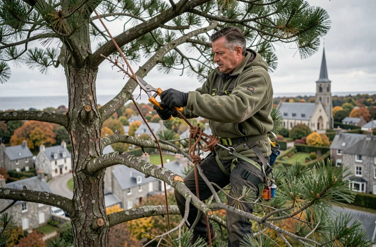 Élagueur grimpeur en harnais travaillant dans un pin maritime avec vue sur Lannion en automne