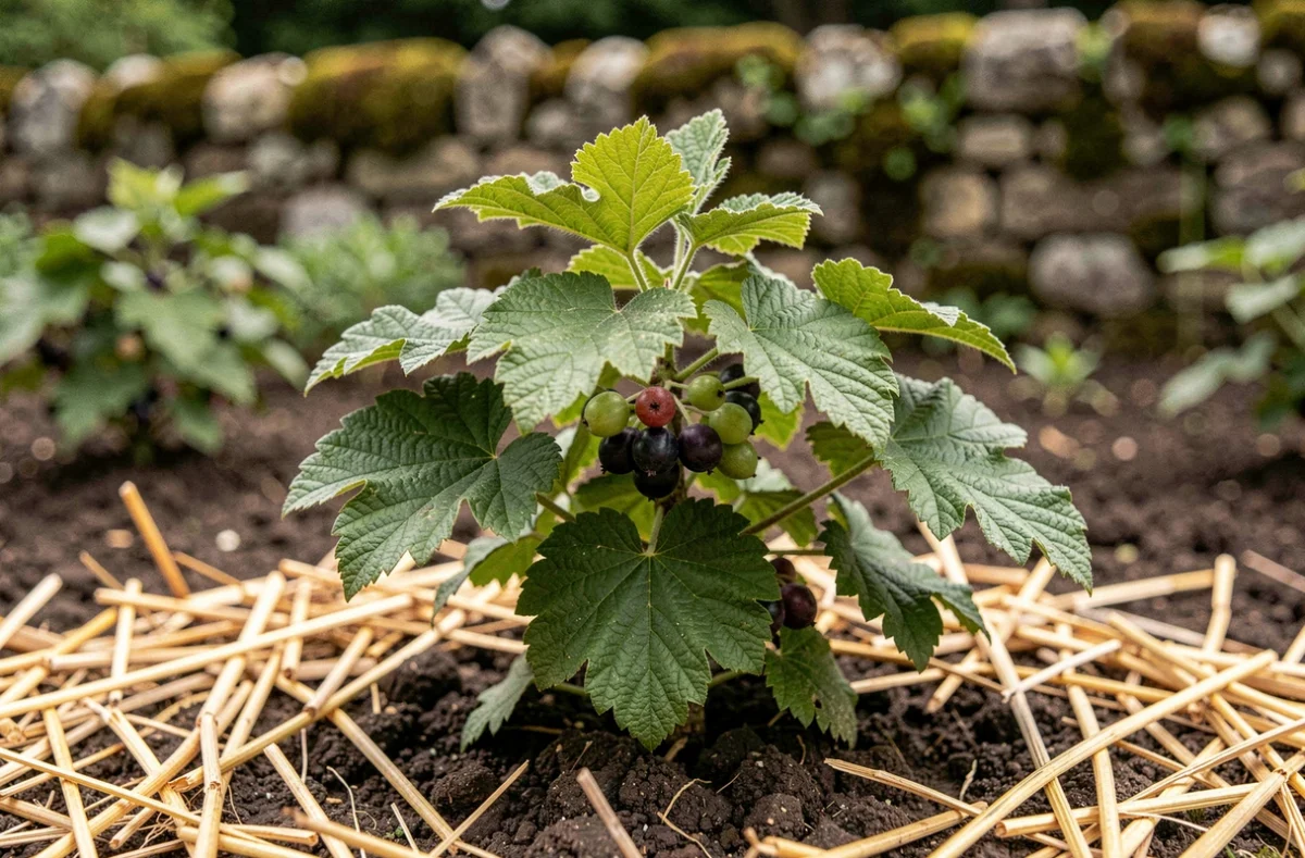Gros plan sur les feuilles et les baies d'un arbuste Colina Josta planté en pleine terre avec un paillis de paille au potager