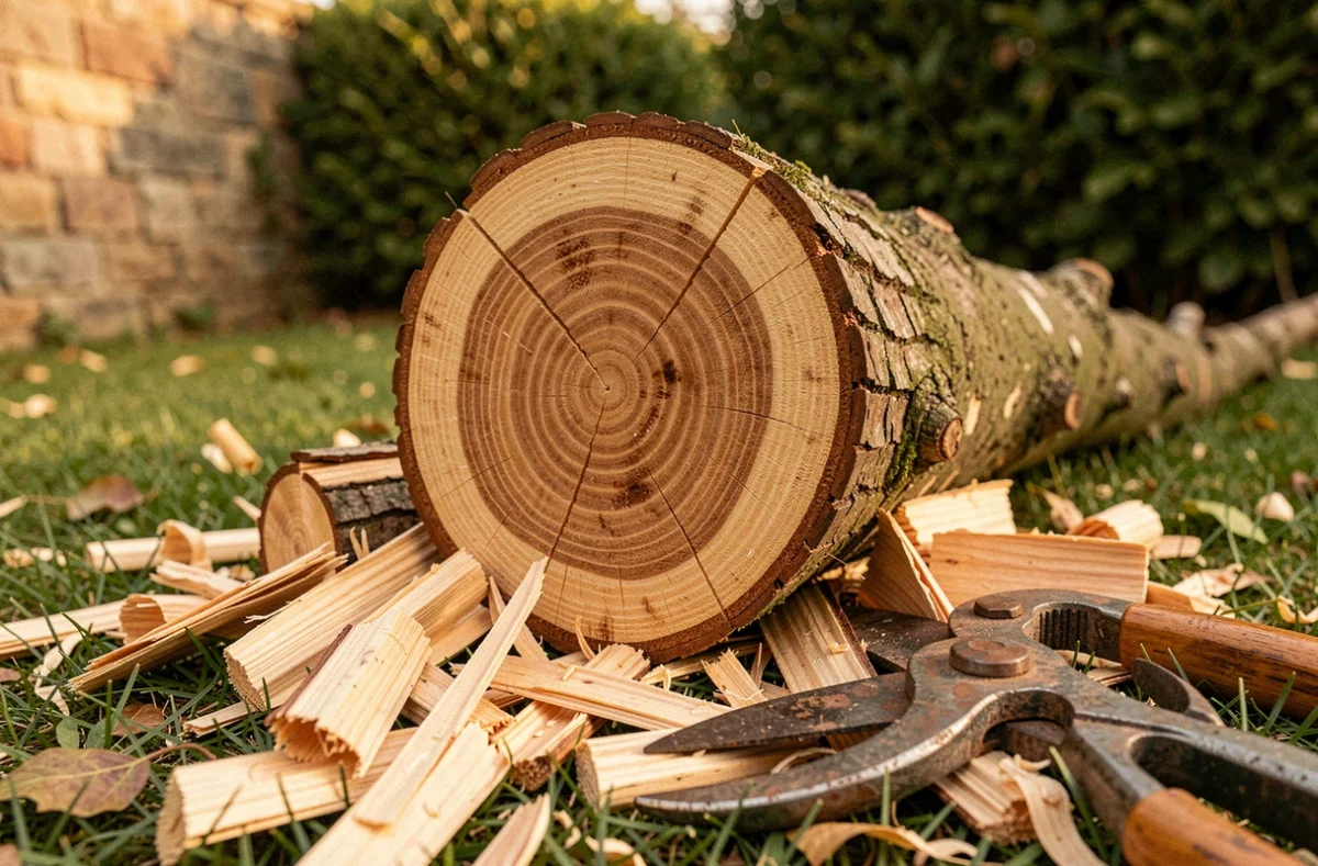 Gros plan sur une coupe nette d'une branche d'arbre avec cernes de croissance visibles lors d'un élagage