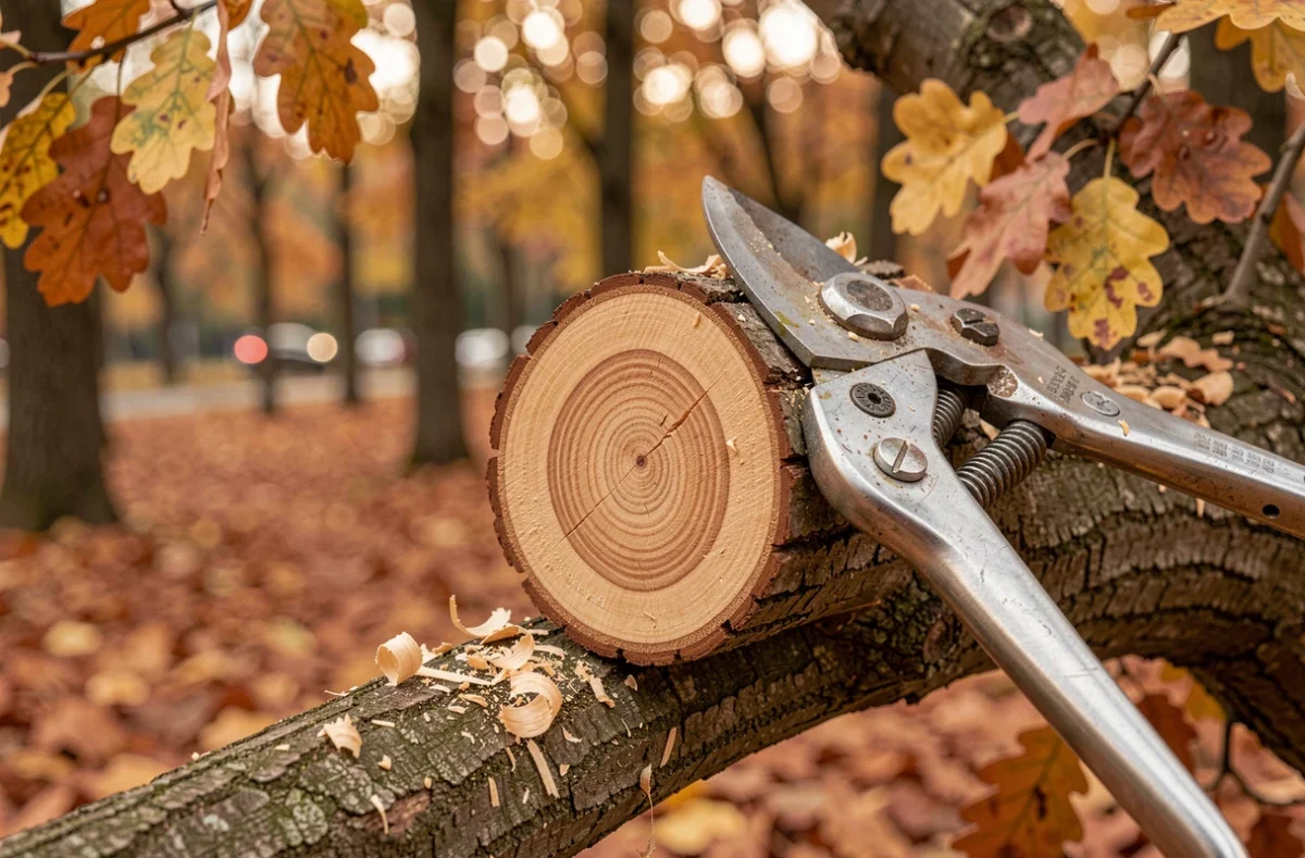Gros plan sur des coupes de taille nettes sur un chêne en automne avec un sécateur professionnel
