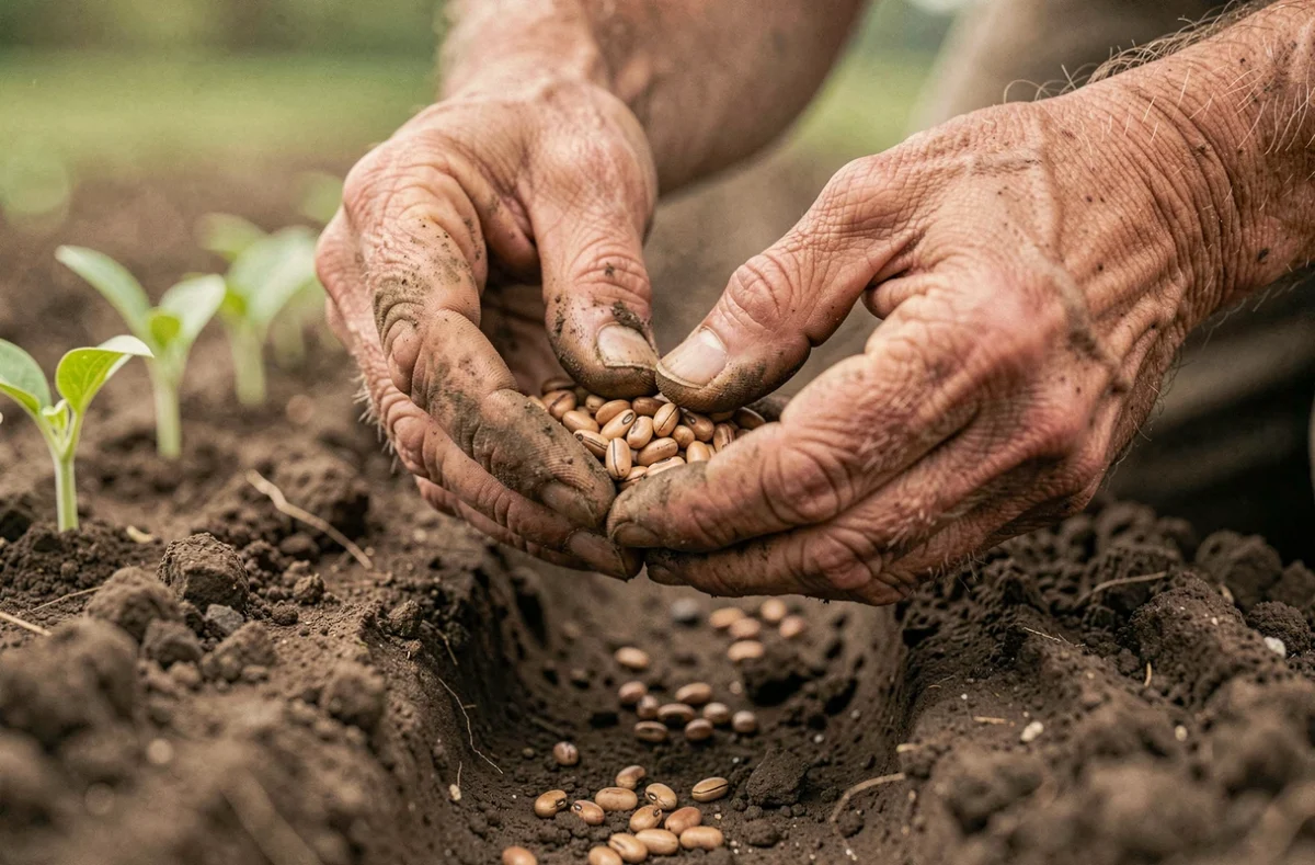 Gros plan de mains tenant des graines de haricots au-dessus d'un sillon de terre prêt pour le semis en lune descendante