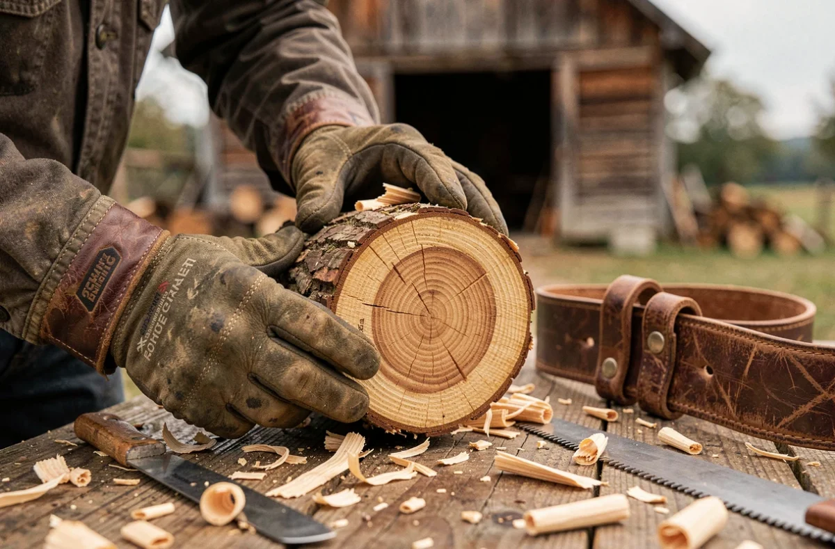 Gros plan sur les mains d'un élagueur inspectant une coupe de branche avec des outils professionnels