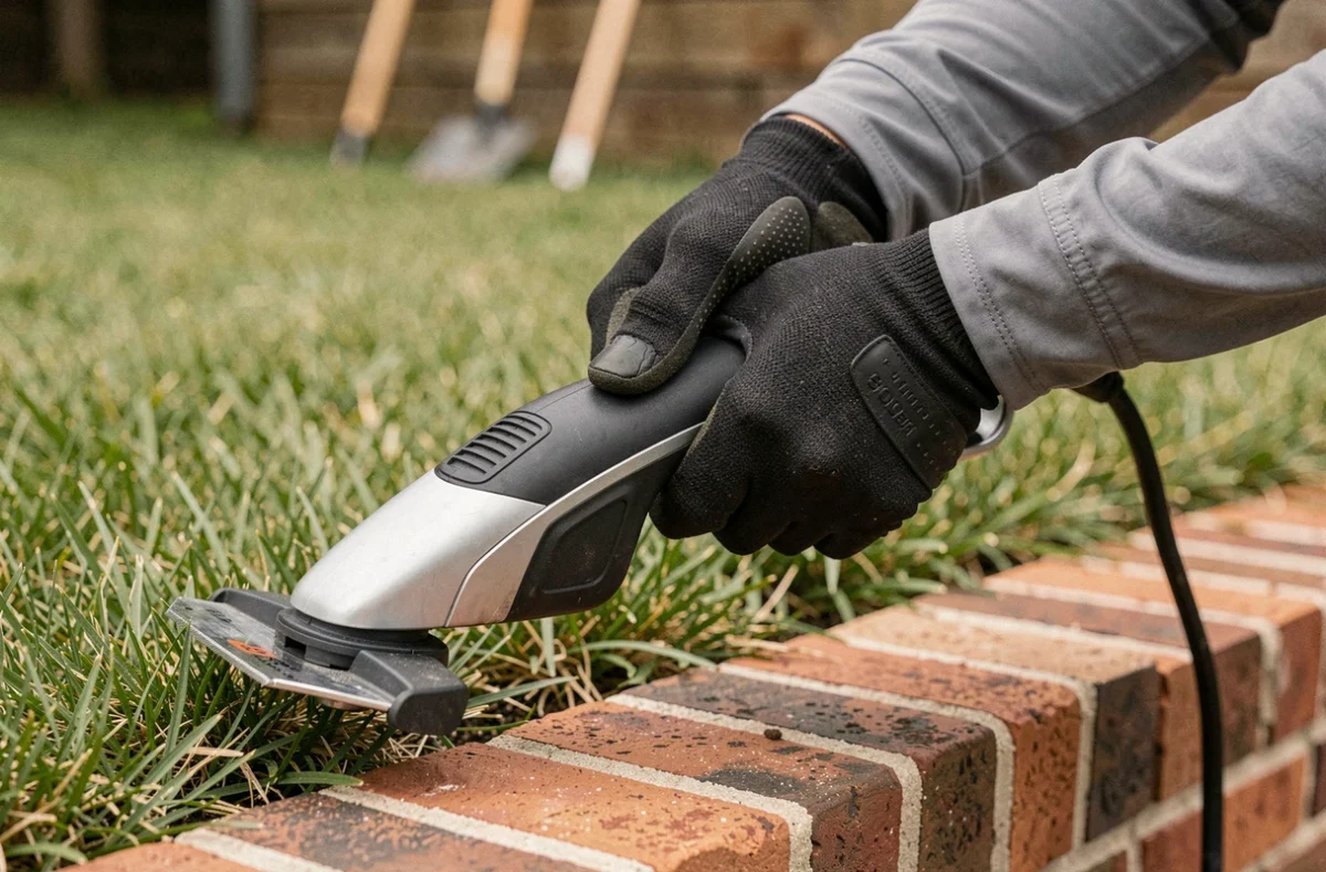 Gros plan sur les mains gantées tenant le manche ergonomique d'un rotofil léger le long d'une bordure en brique