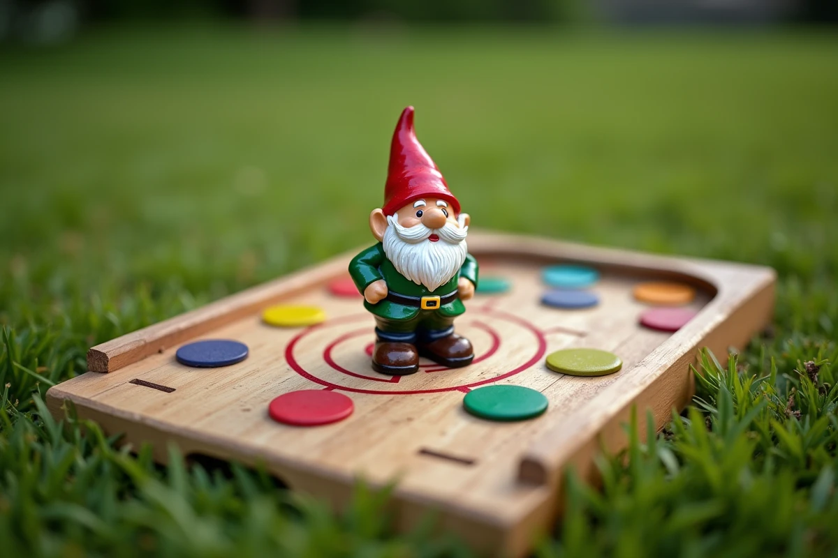 Gros plan sur un nain de jardin en céramique peinte posé sur un plateau de jeu en bois dans l'herbe